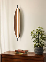 Modern Walnut Wood Grain LED Wall Sconce with Sleek Minimalist Board Design and Warm Lighting