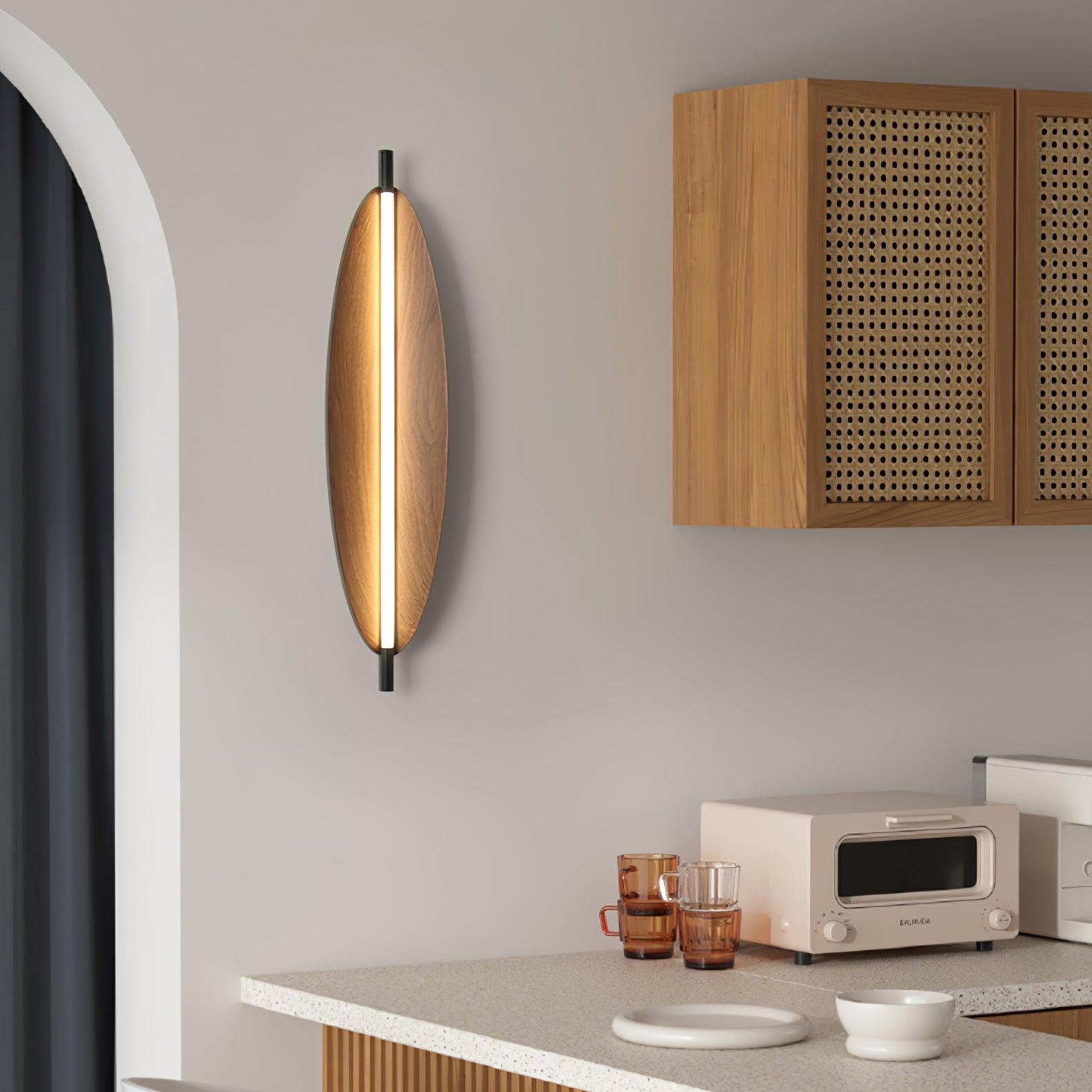 Modern Walnut Wood Grain LED Wall Sconce with Sleek Minimalist Board Design and Warm Lighting