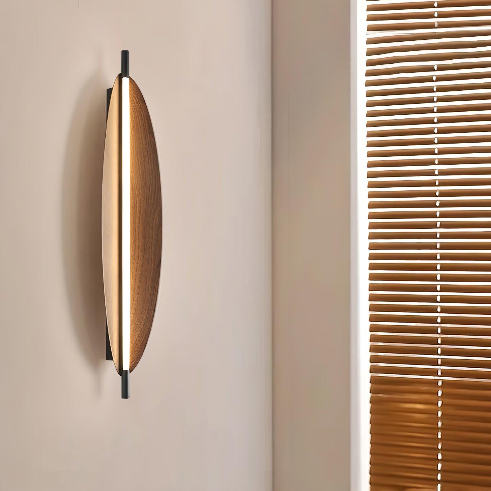 Modern Walnut Wood Grain LED Wall Sconce with Sleek Minimalist Board Design and Warm Lighting