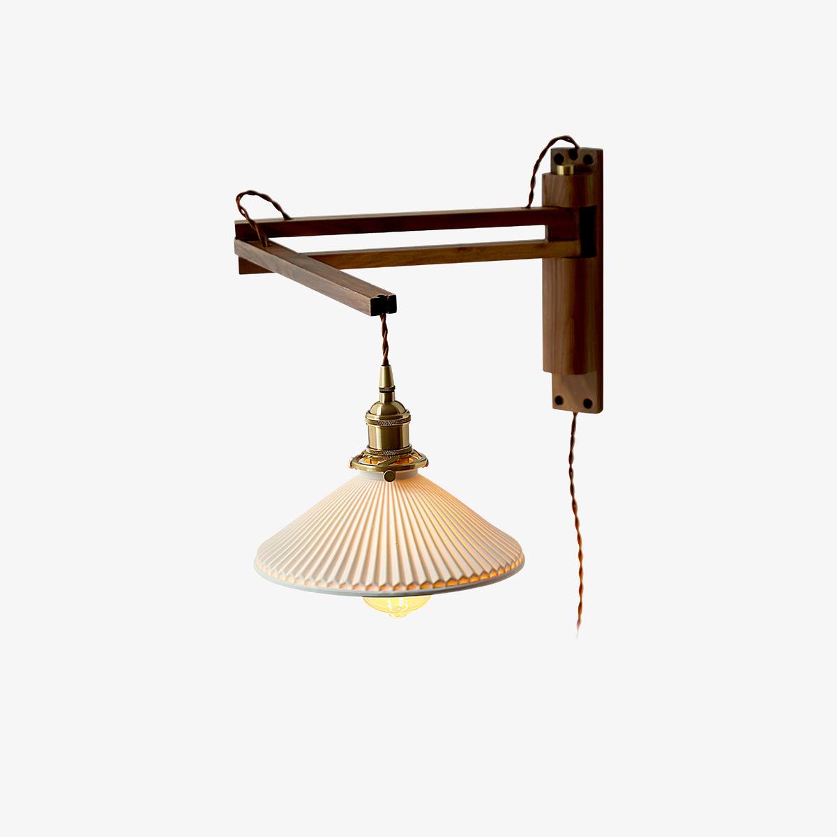 Modern Walnut Wood Swing Arm Wall Light with White Pleated Ceramic Shade