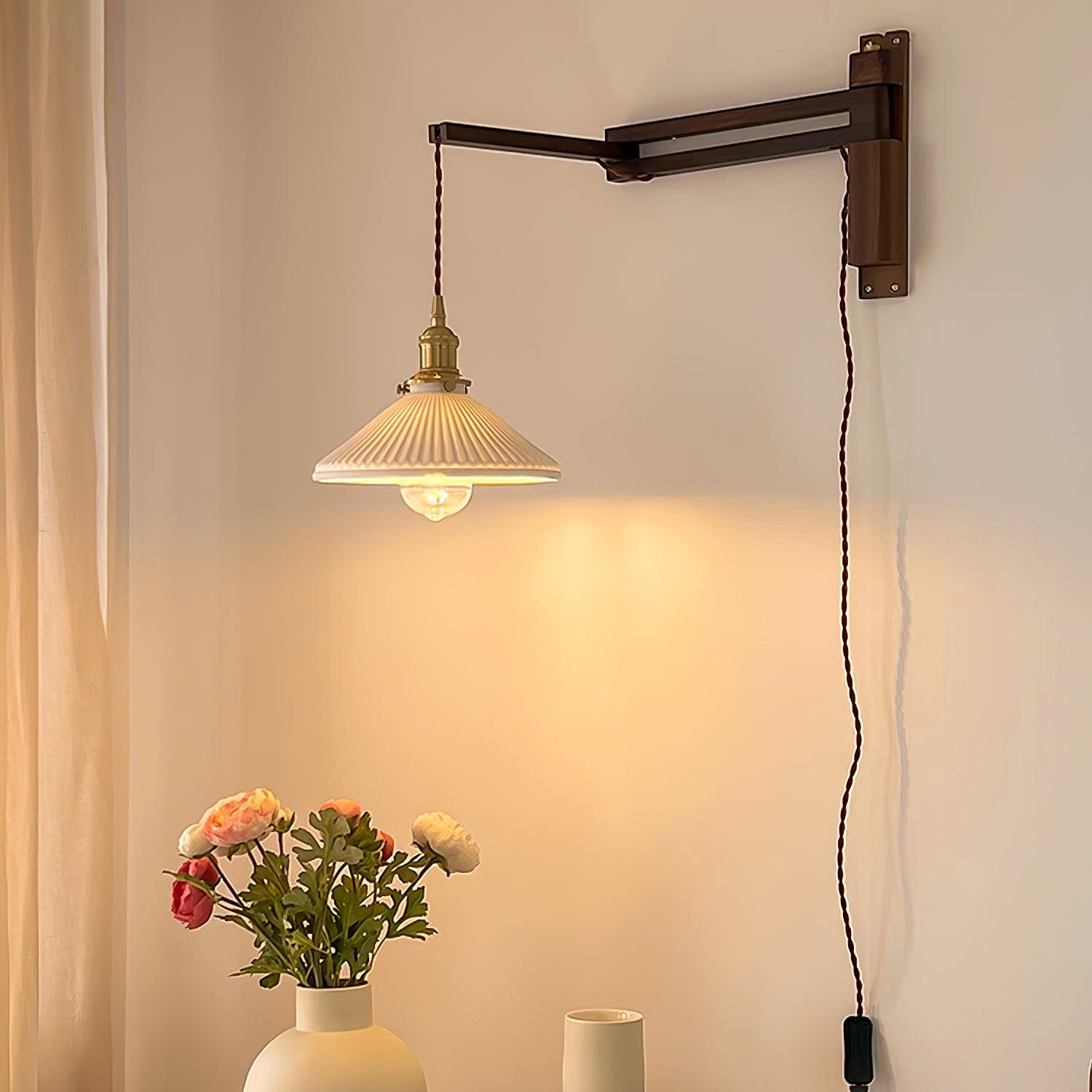 Modern Walnut Wood Swing Arm Wall Light with White Pleated Ceramic Shade
