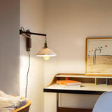 Modern Walnut Wood Swing Arm Wall Light with White Pleated Ceramic Shade