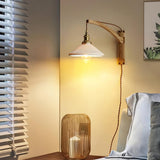 Modern Walnut Wood Swing Arm Wall Light with White Pleated Ceramic Shade