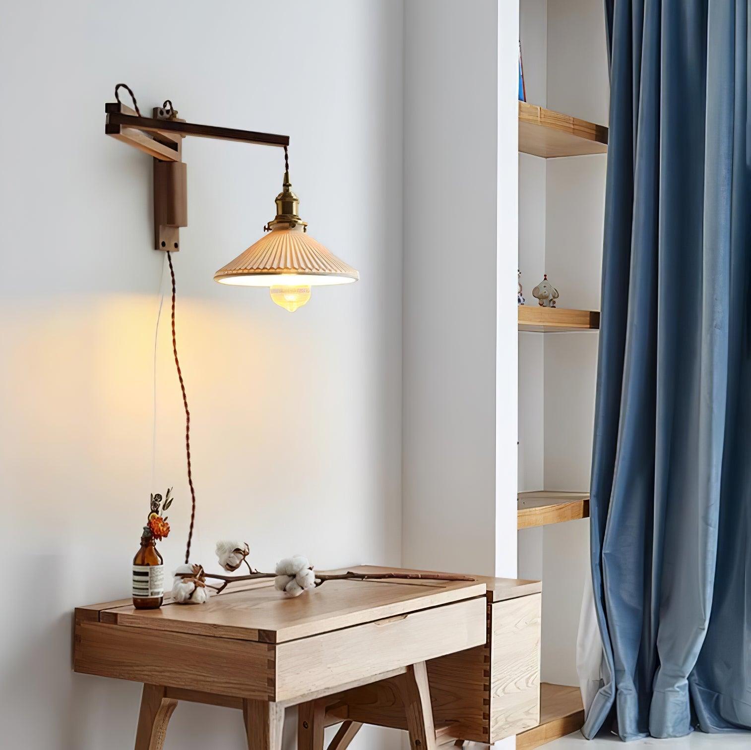 Modern Walnut Wood Swing Arm Wall Light with White Pleated Ceramic Shade