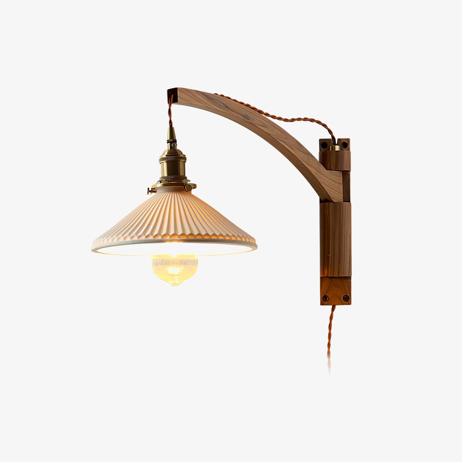 Modern Walnut Wood Swing Arm Wall Light with White Pleated Ceramic Shade