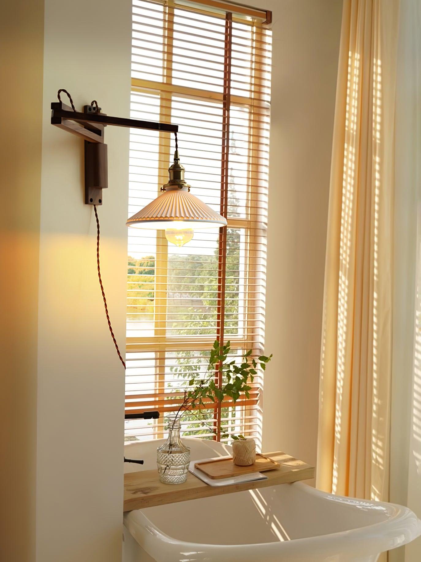 Modern Walnut Wood Swing Arm Wall Light with White Pleated Ceramic Shade