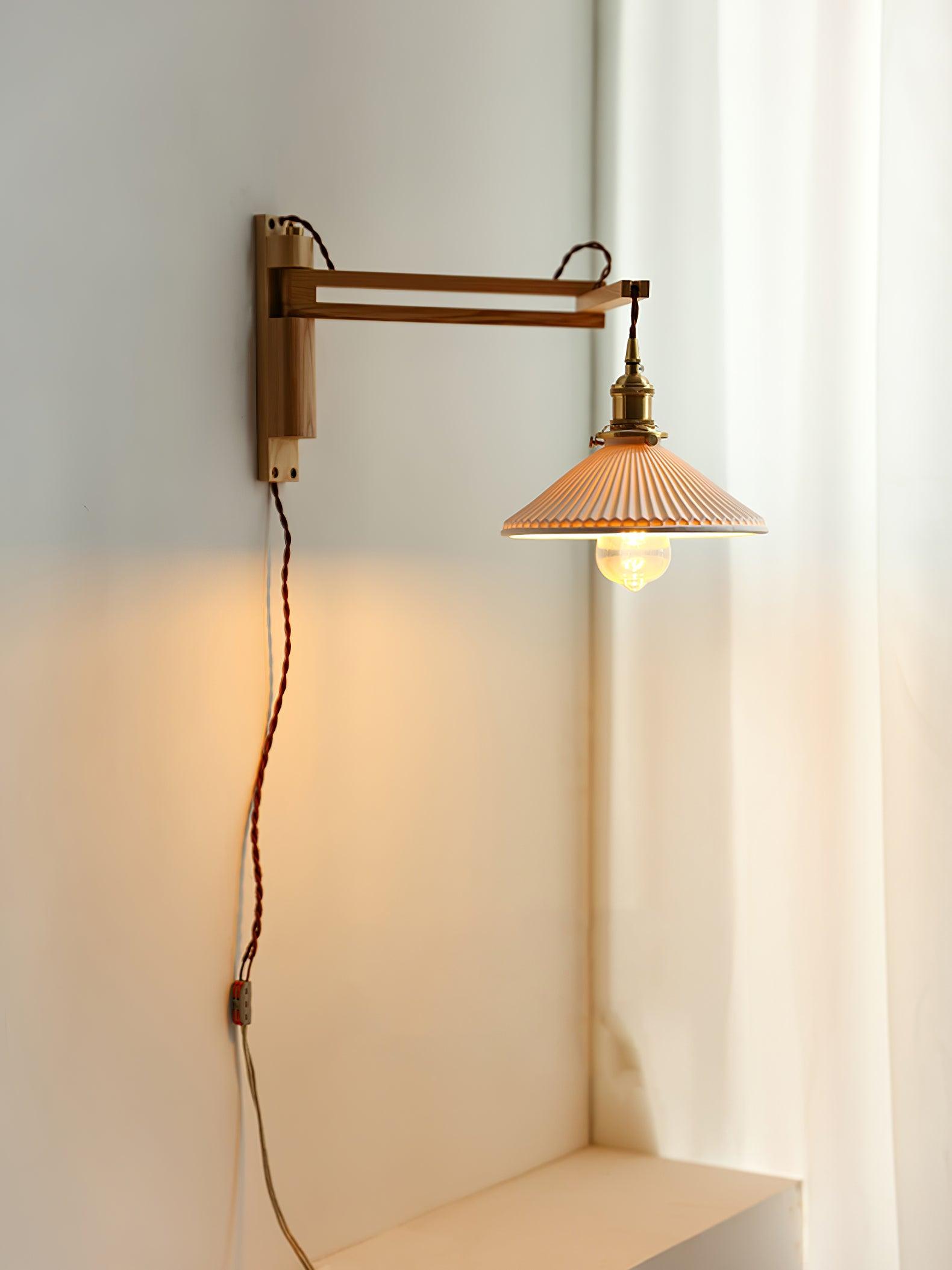 Modern Walnut Wood Swing Arm Wall Light with White Pleated Ceramic Shade