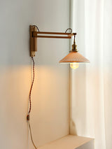 Modern Walnut Wood Swing Arm Wall Light with White Pleated Ceramic Shade
