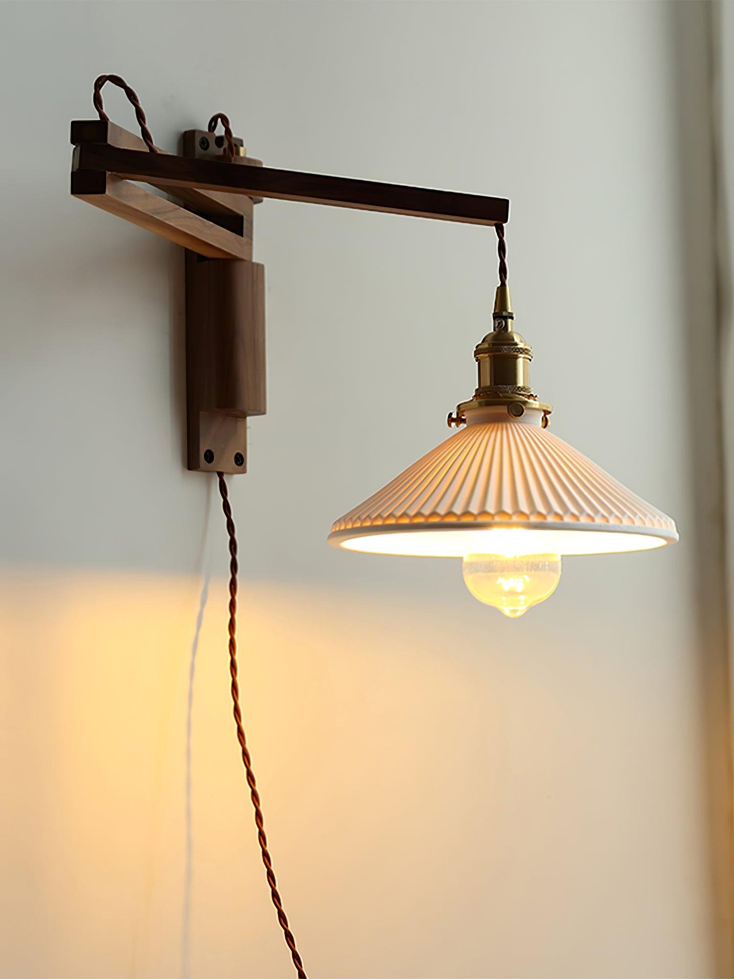 Modern Walnut Wood Swing Arm Wall Light with White Pleated Ceramic Shade