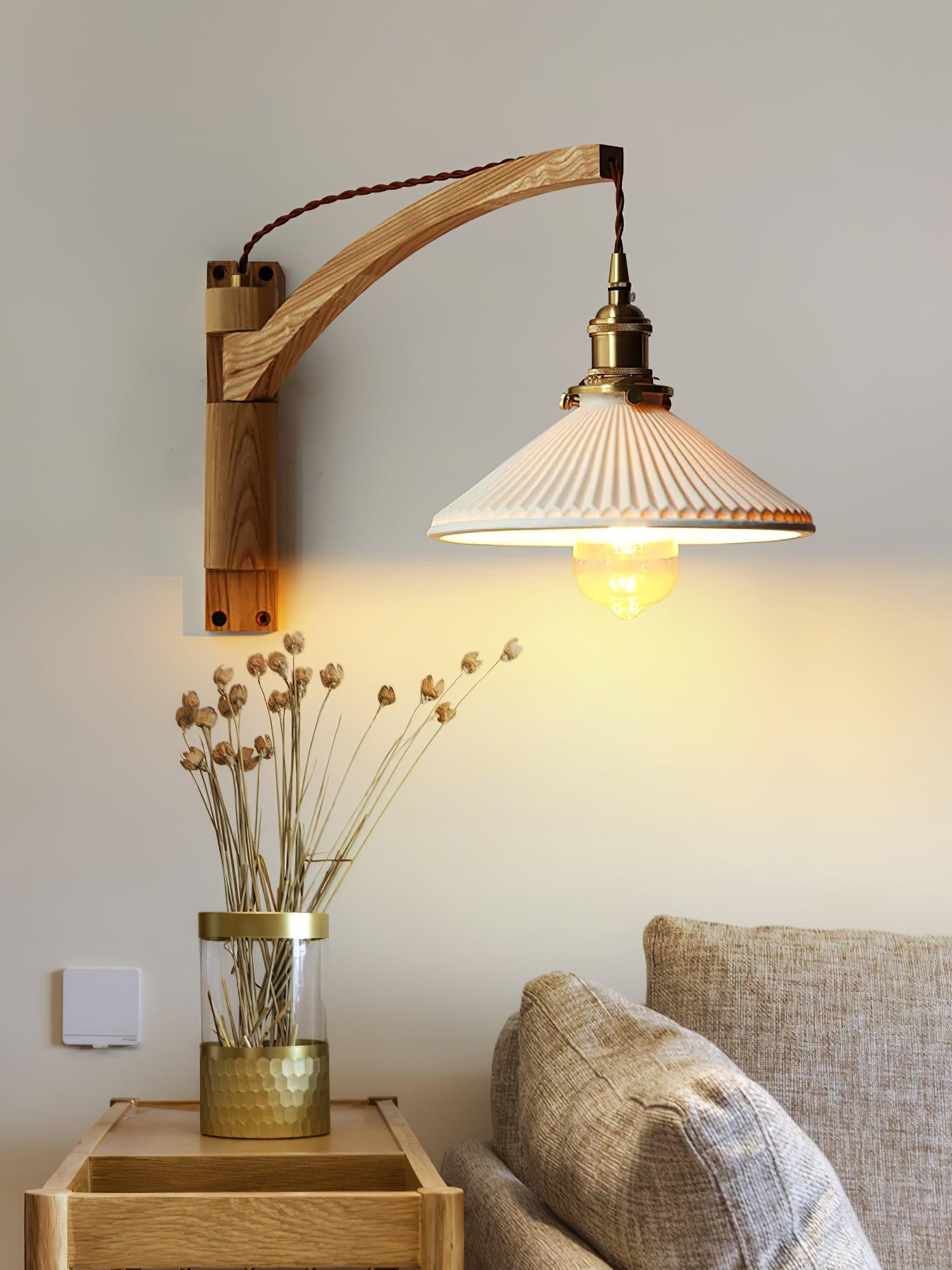 Modern Walnut Wood Swing Arm Wall Light with White Pleated Ceramic Shade