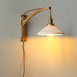 Modern Walnut Wood Swing Arm Wall Light with White Pleated Ceramic Shade