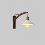 Modern Walnut Wood Swing Arm Wall Light with White Pleated Ceramic Shade