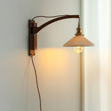 Modern Walnut Wood Swing Arm Wall Light with White Pleated Ceramic Shade