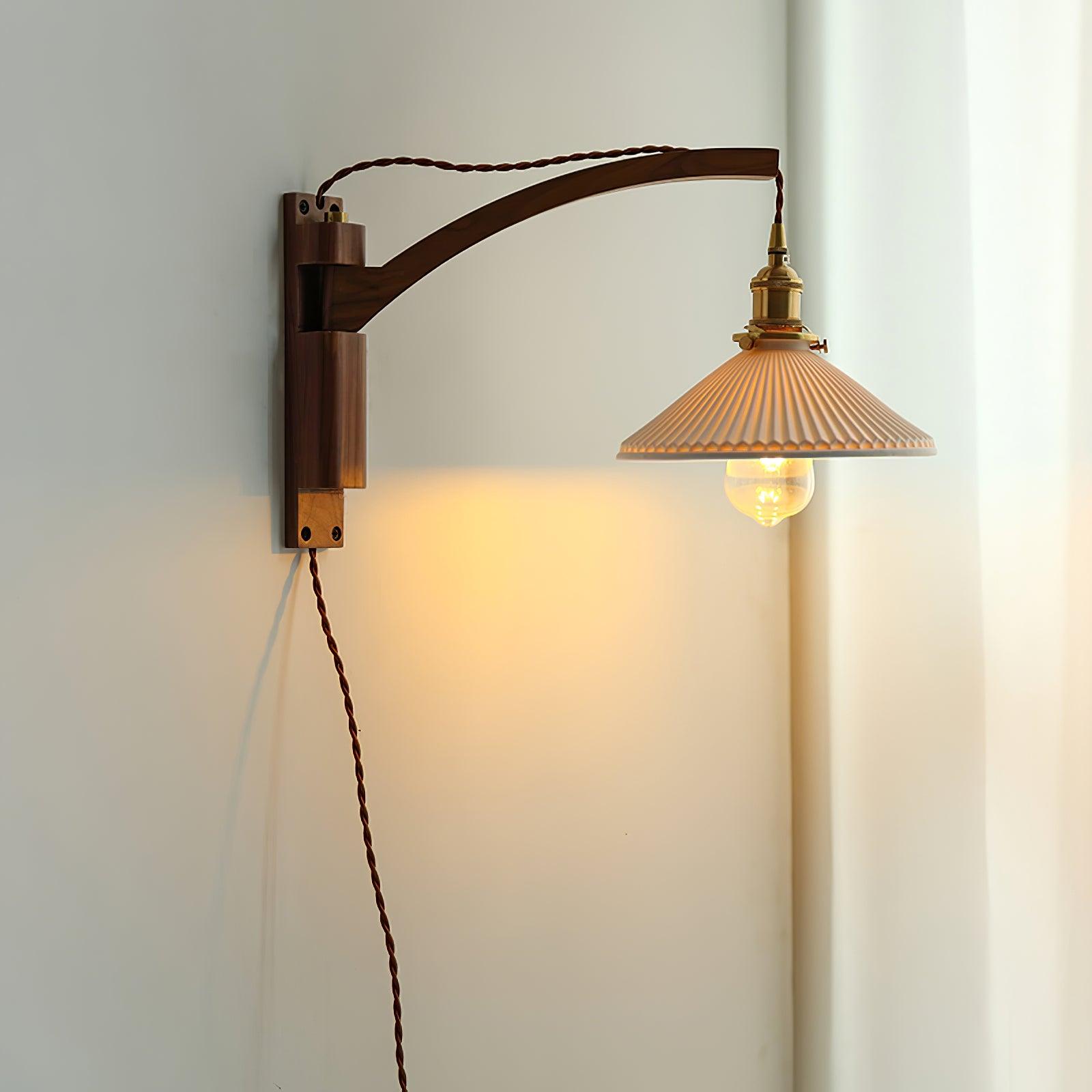 Modern Walnut Wood Swing Arm Wall Light with White Pleated Ceramic Shade