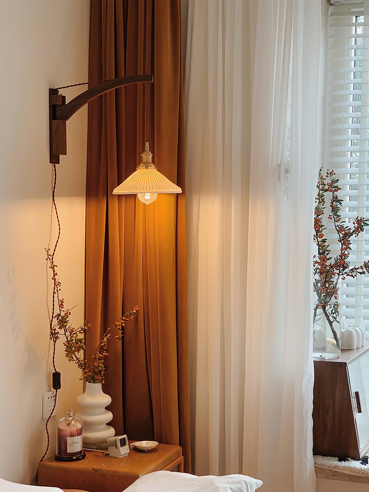 Modern Walnut Wood Swing Arm Wall Light with White Pleated Ceramic Shade