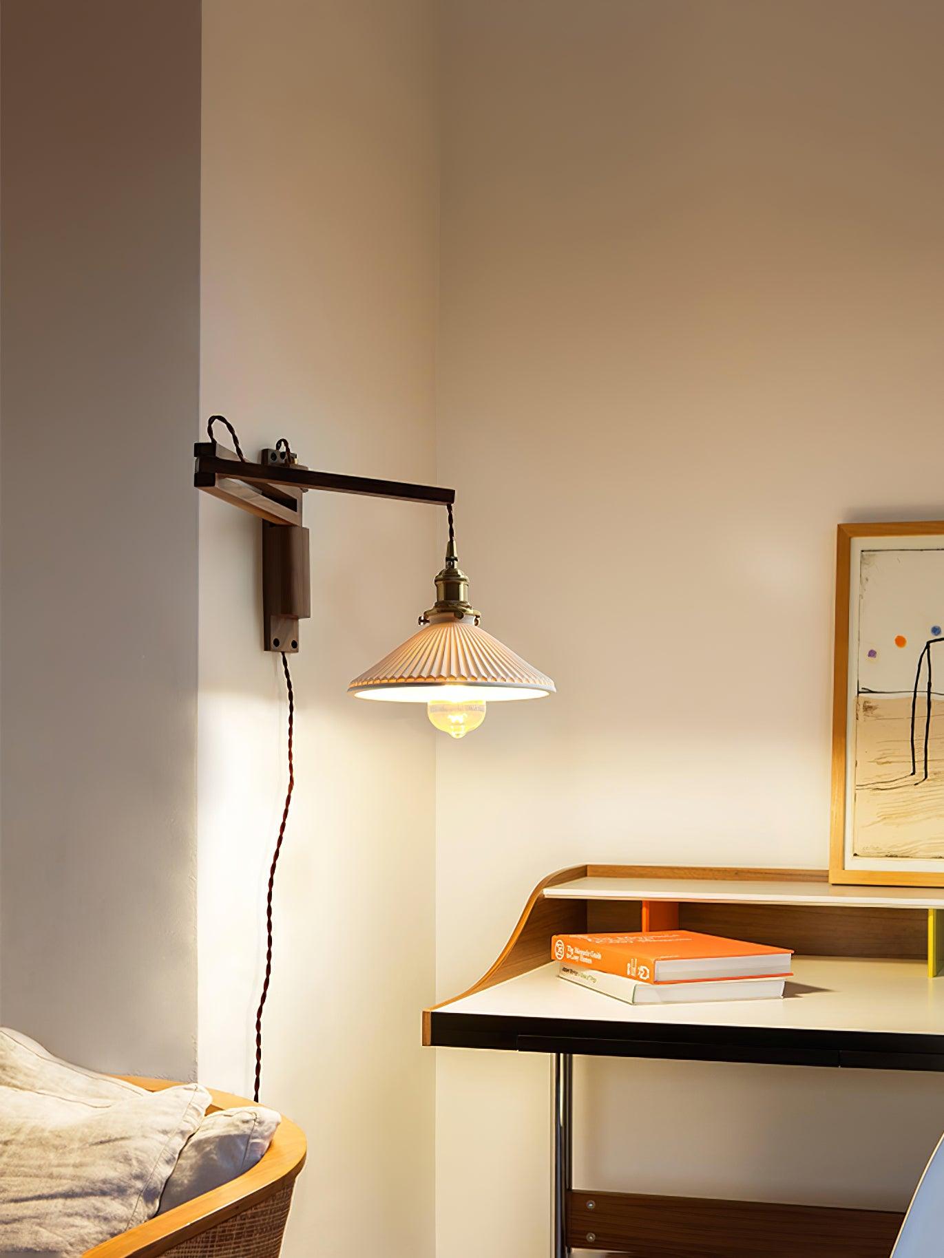 Modern Walnut Wood Swing Arm Wall Light with White Pleated Ceramic Shade