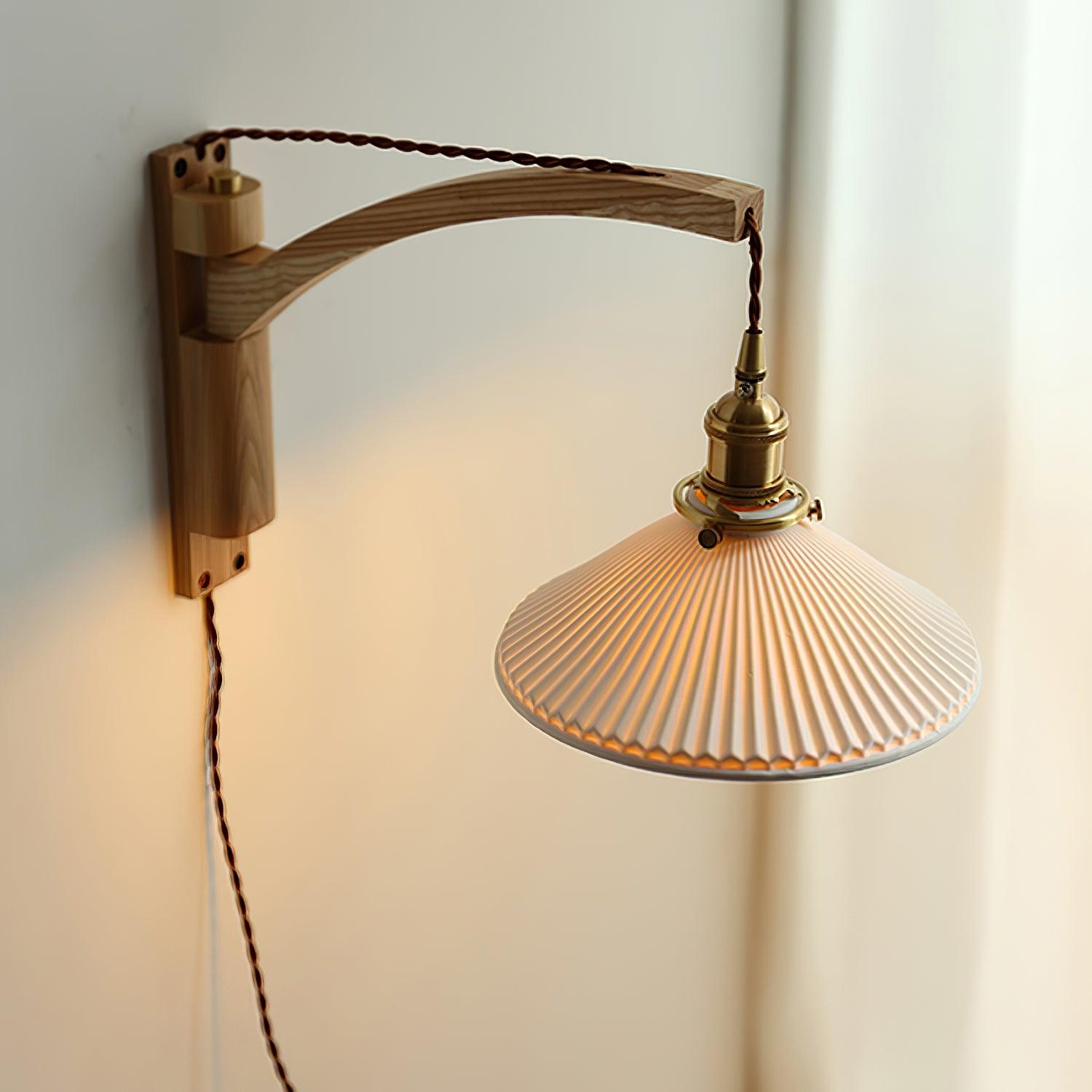 Modern Walnut Wood Swing Arm Wall Light with White Pleated Ceramic Shade