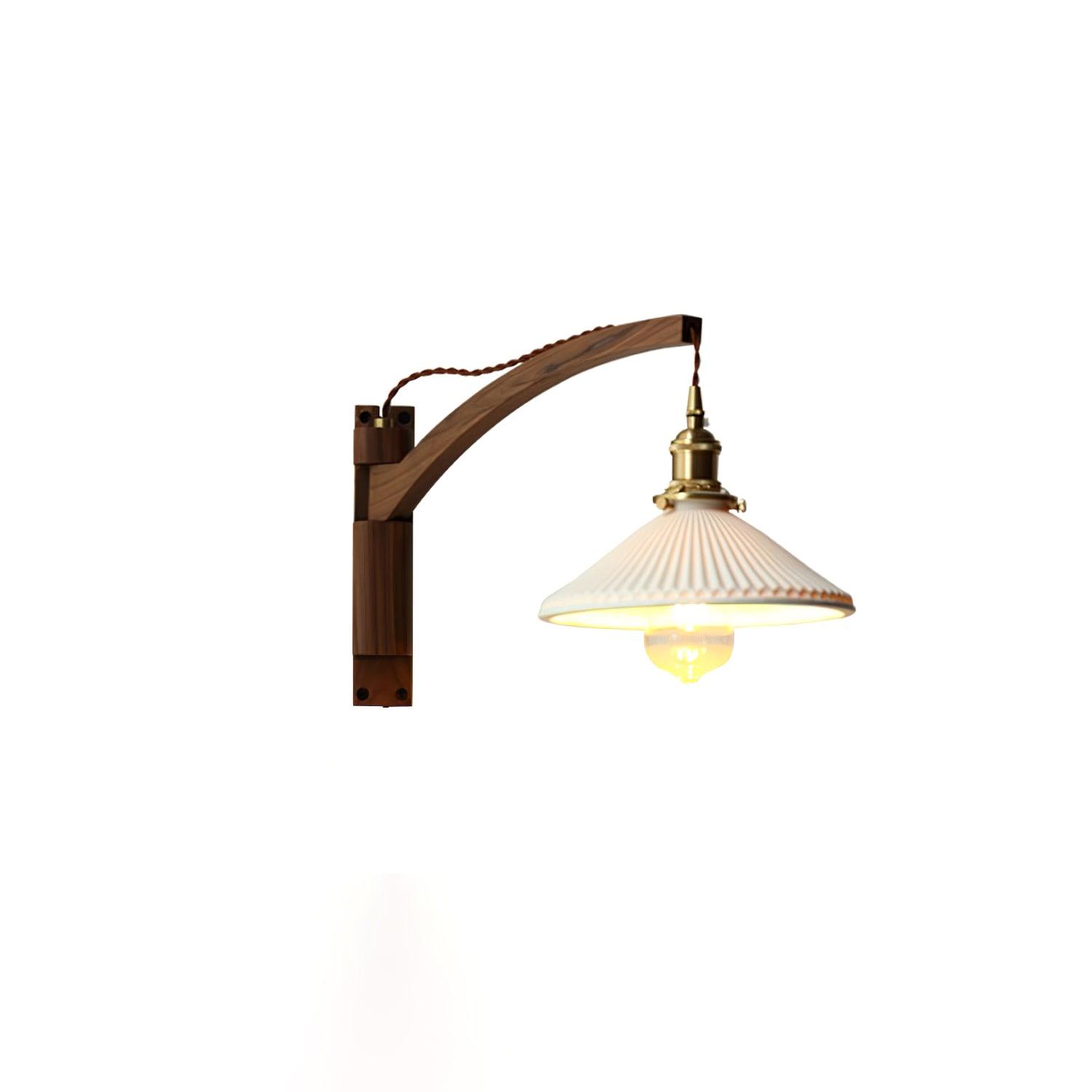 Modern Walnut Wood Swing Arm Wall Light with White Pleated Ceramic Shade