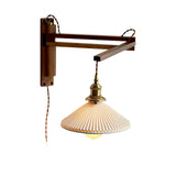 Modern Walnut Wood Swing Arm Wall Light with White Pleated Ceramic Shade