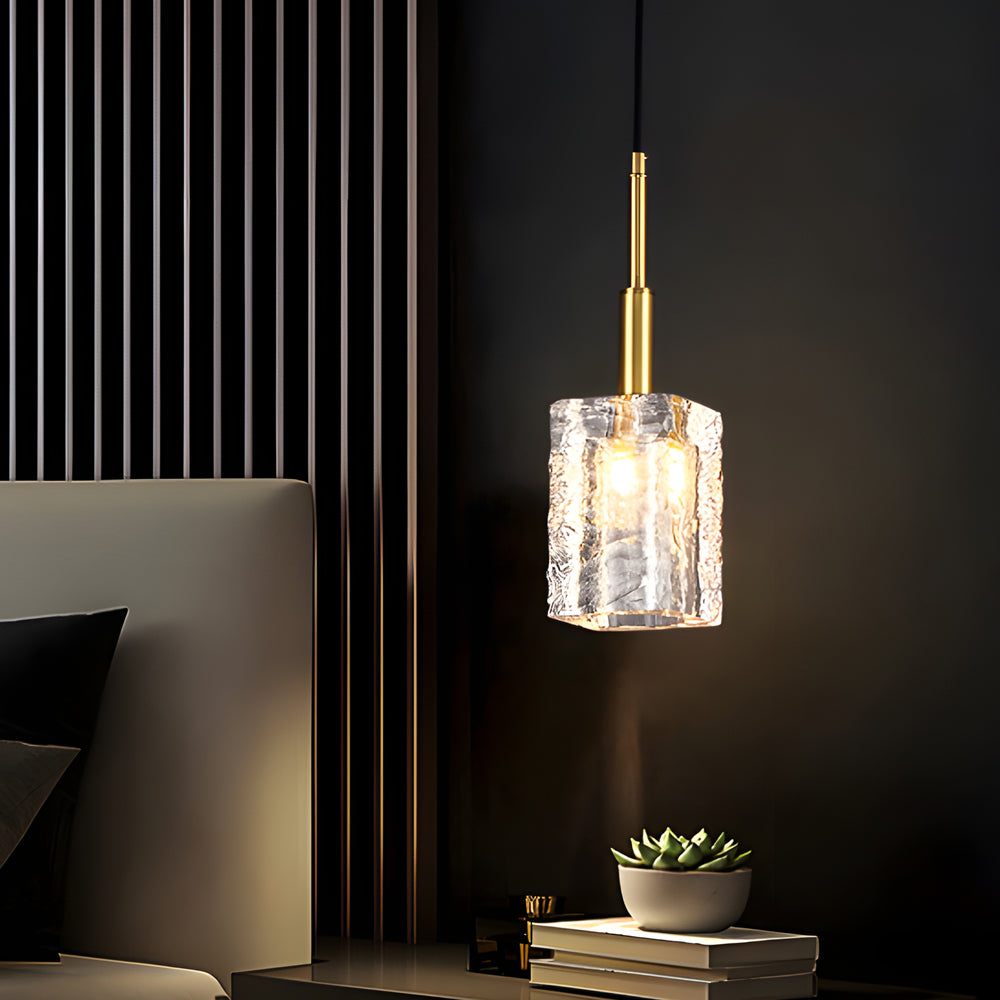 Modern Water Ripple Crystal Cube Pendant Light Brass Copper Rod Hanging Lamp for Kitchen Island