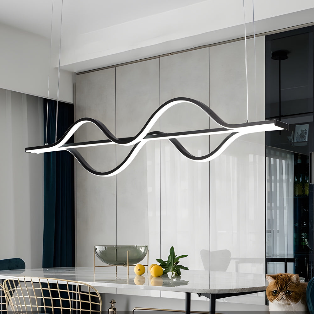 Modern Wave Linear LED Pendant Light 3 Step Dimming Black Aluminum Dining Room Chandelier