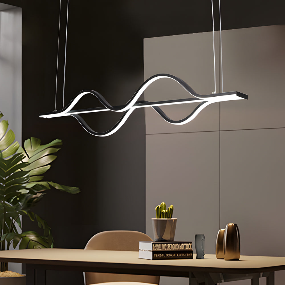 Modern Wave Linear LED Pendant Light 3 Step Dimming Black Aluminum Dining Room Chandelier