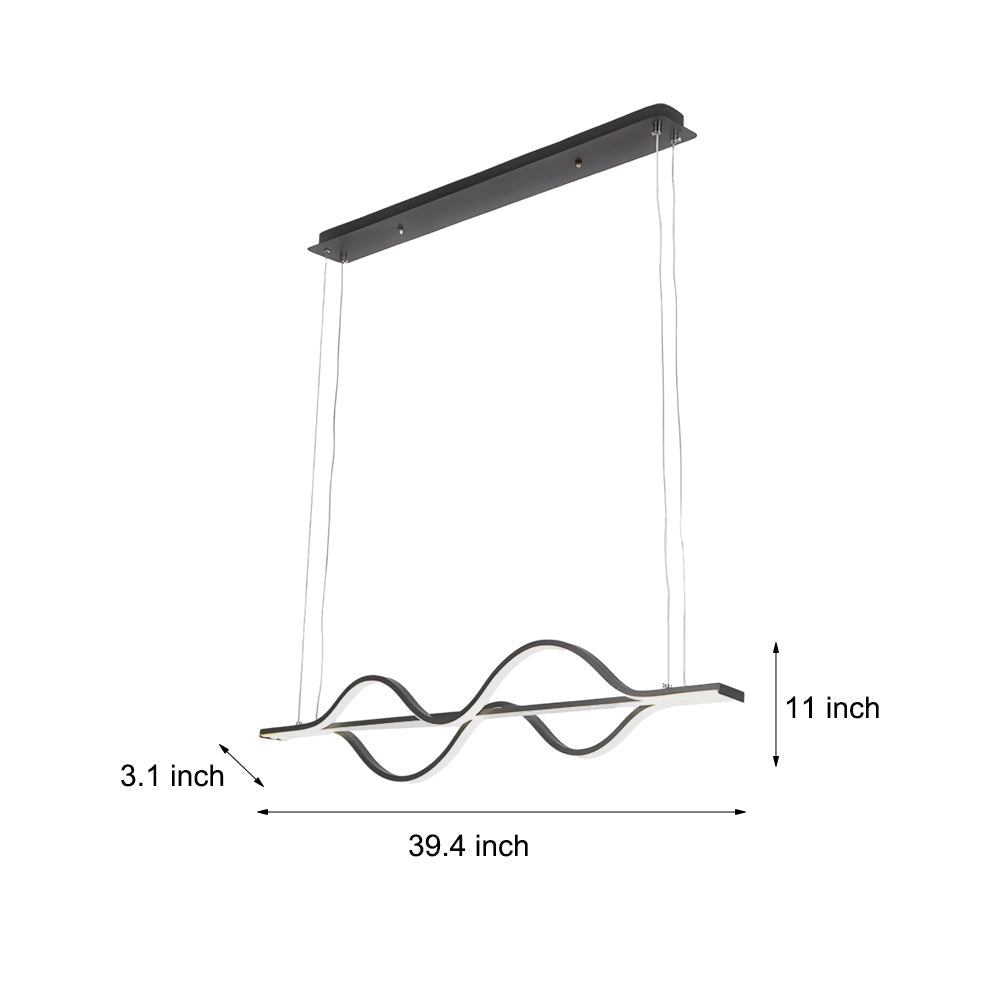 Modern Wave Linear LED Pendant Light 3 Step Dimming Black Aluminum Dining Room Chandelier