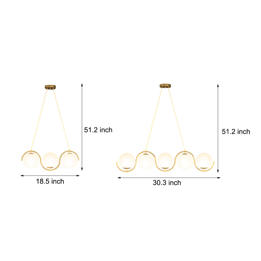 Modern Wavy Gold Linear Island Light with Glass Globe Shades for Dining Room and Kitchen
