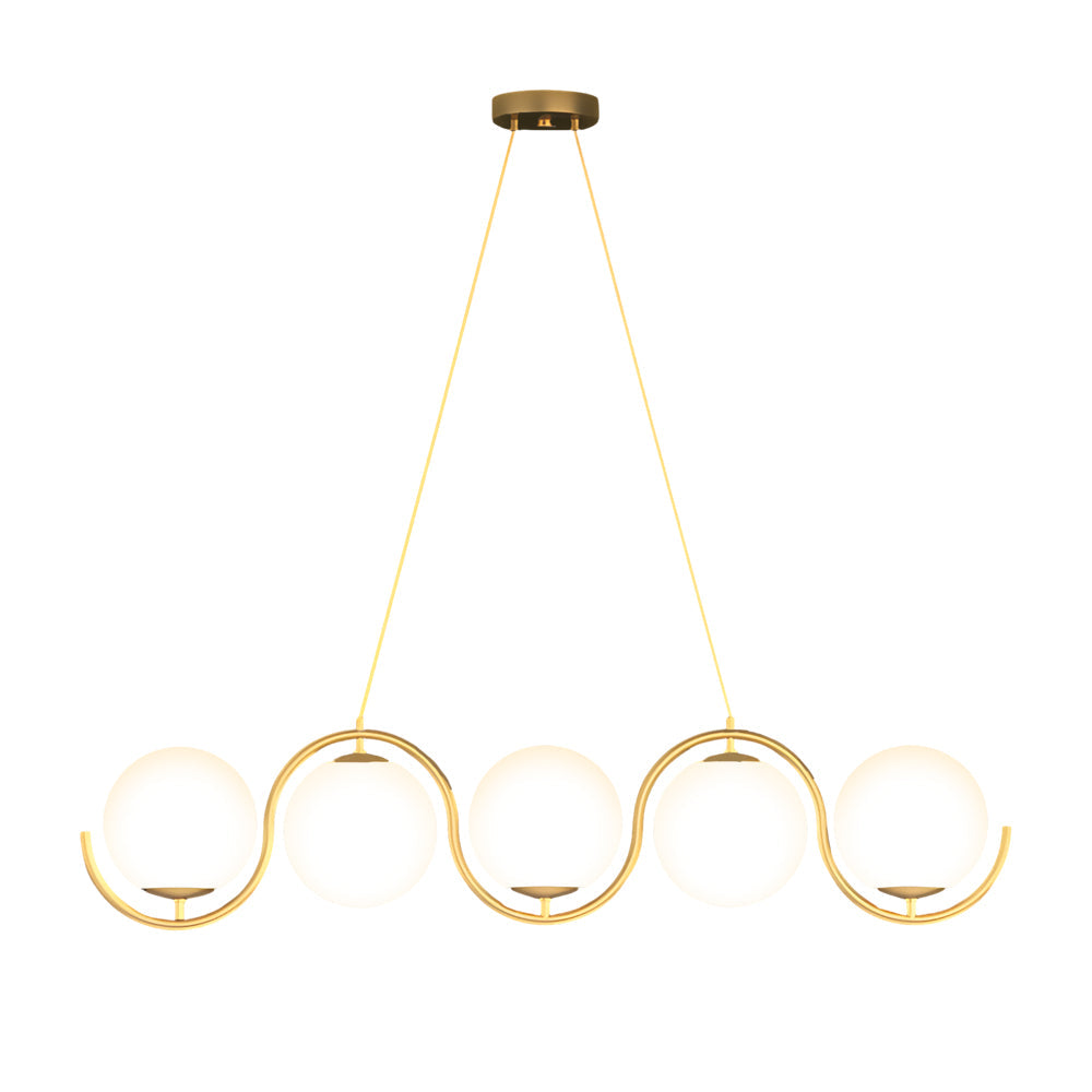 Modern Wavy Gold Linear Island Light with Glass Globe Shades for Dining Room and Kitchen