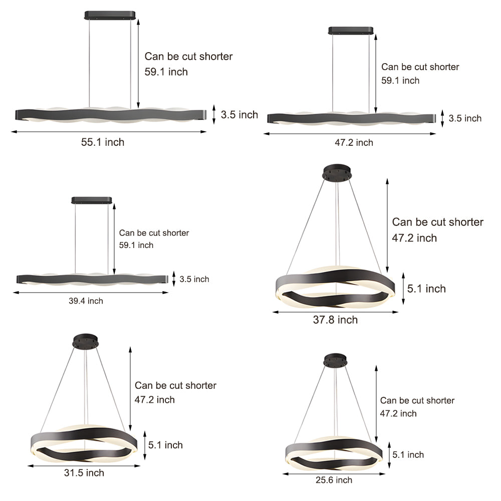 Modern Wavy LED Pendant Light Black Linear and Round Textured Acrylic Chandelier for Living Room