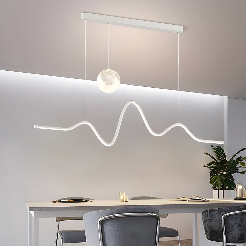 Modern Wavy Linear LED Kitchen Island Pendant Light with 3D Moon Shade 47 Inch