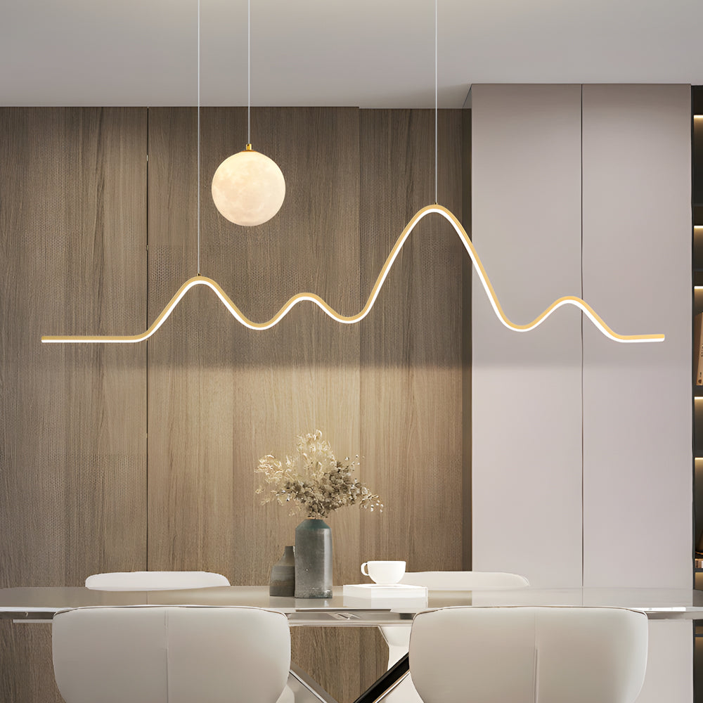 Modern Wavy Linear LED Kitchen Island Pendant Light with 3D Moon Shade 47 Inch