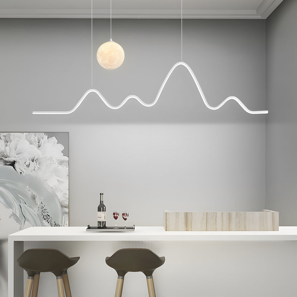 Modern Wavy Linear LED Kitchen Island Pendant Light with 3D Moon Shade 47 Inch