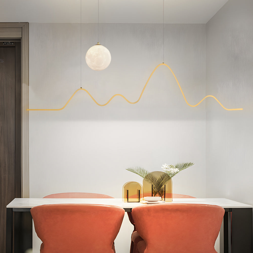 Modern Wavy Linear LED Kitchen Island Pendant Light with 3D Moon Shade 47 Inch