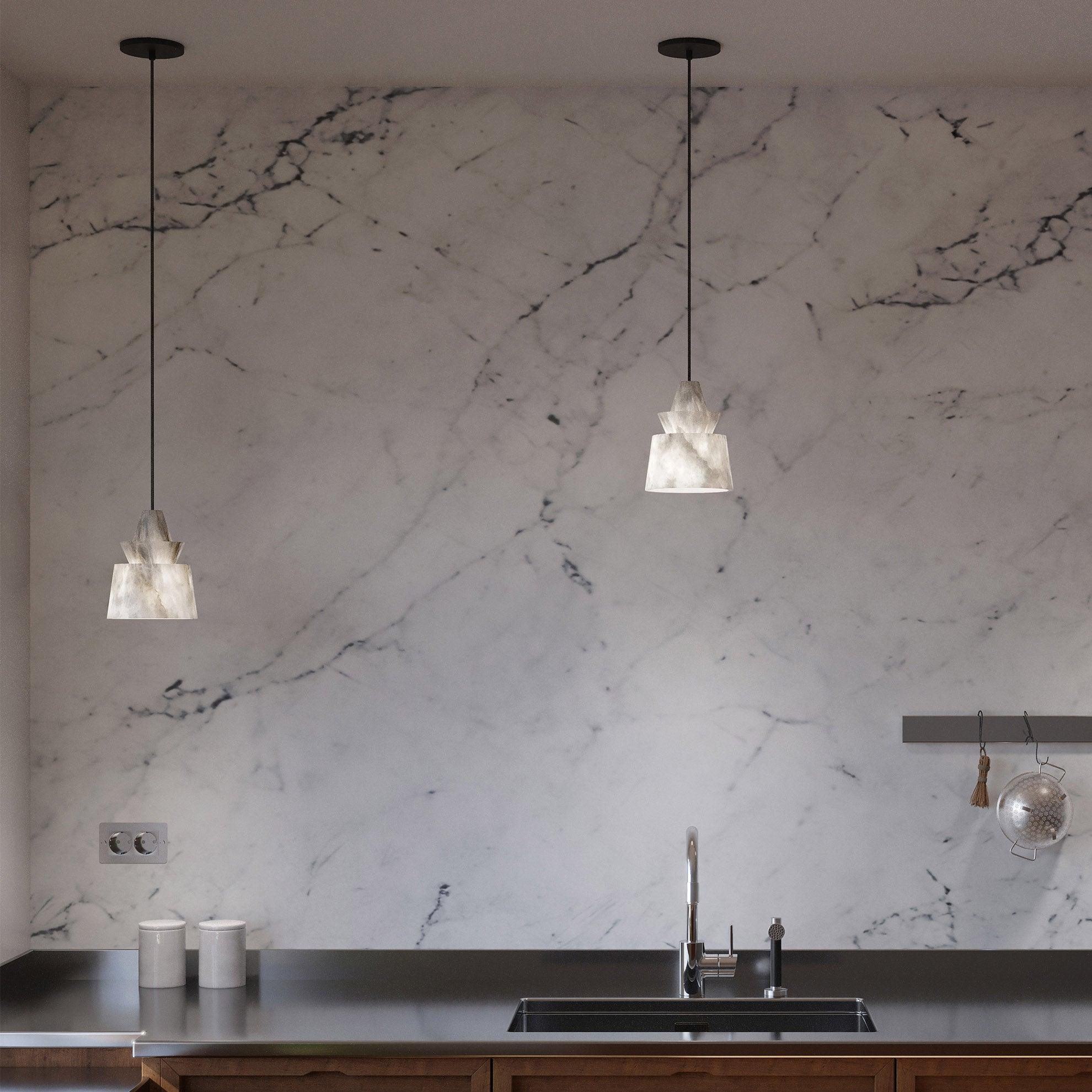 Modern White Alabaster Stone Pendant Light Natural Veining Ceiling Fixture