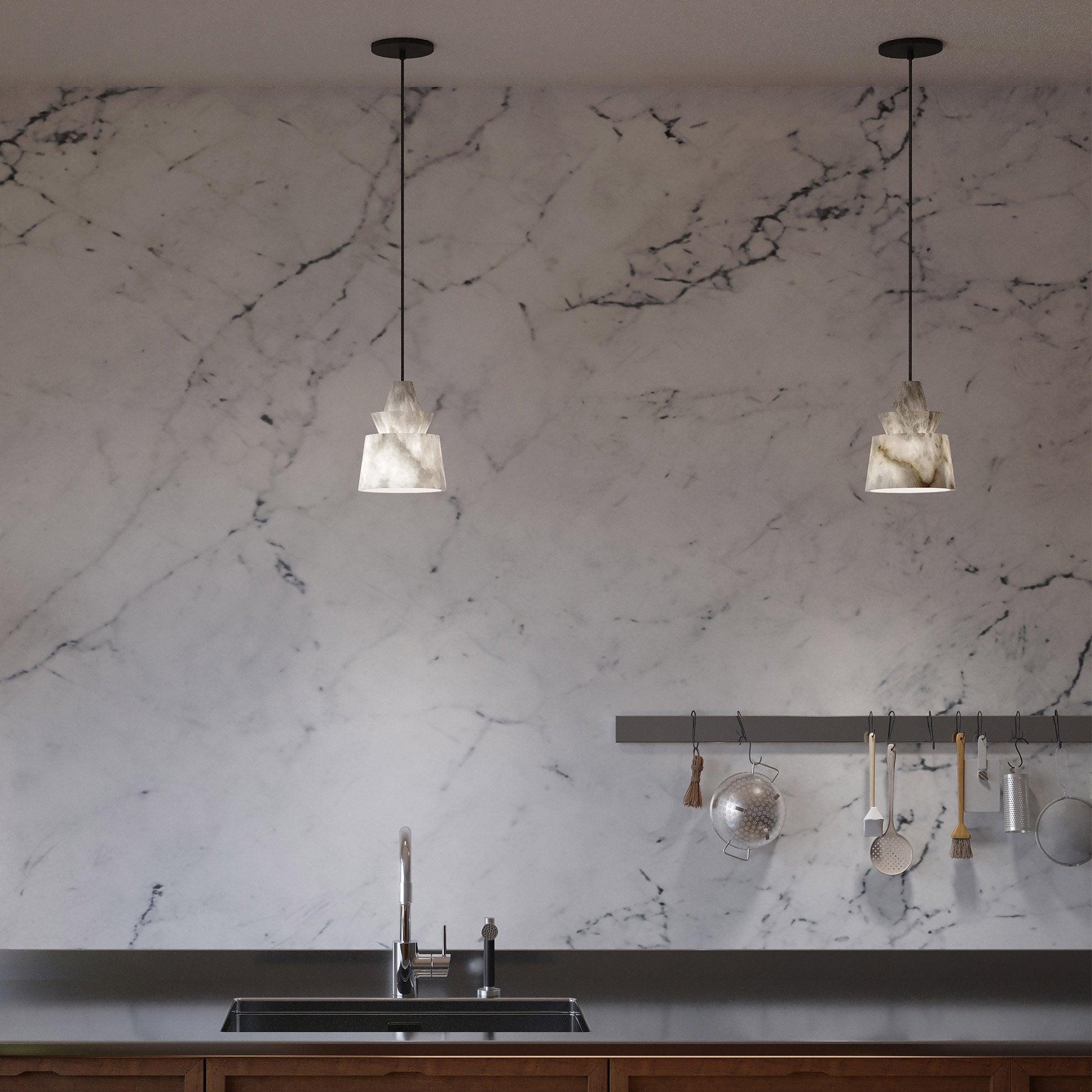 Modern White Alabaster Stone Pendant Light Natural Veining Ceiling Fixture