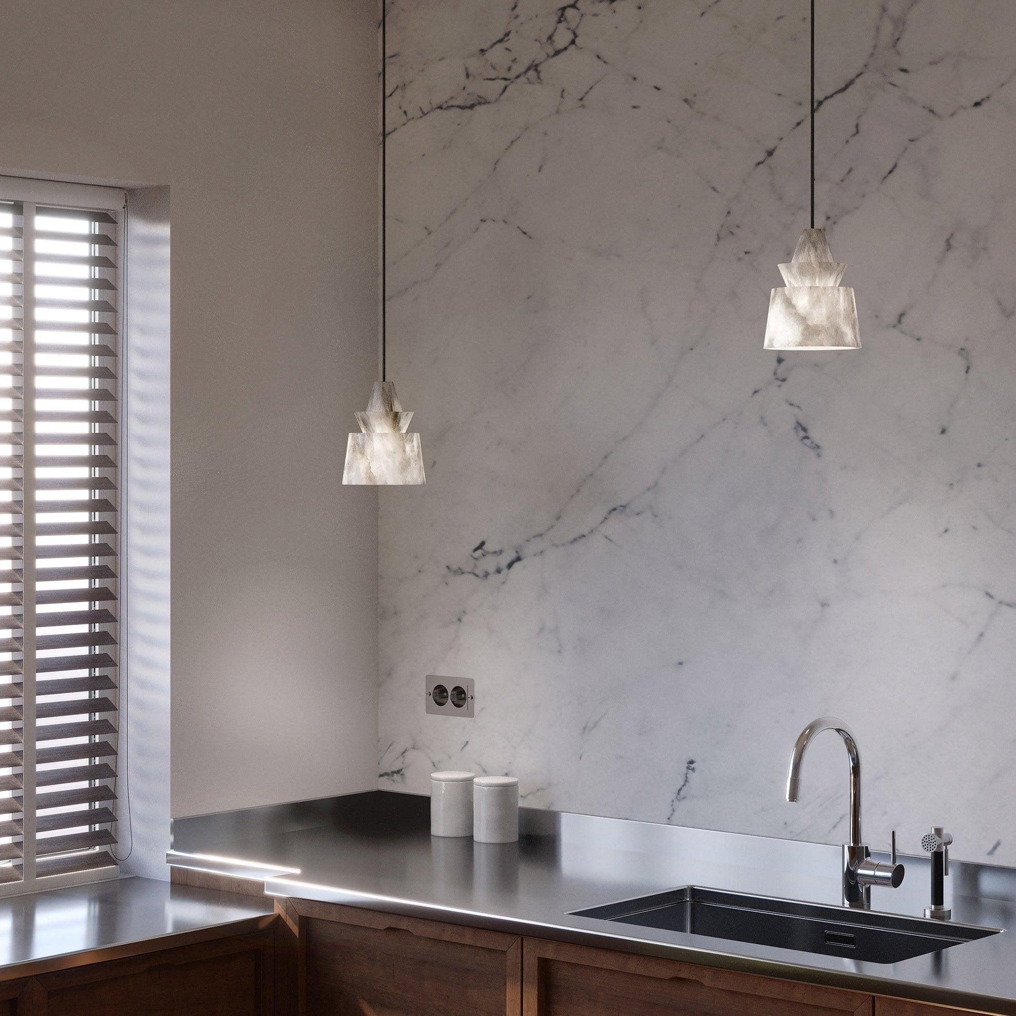 Modern White Alabaster Stone Pendant Light Natural Veining Ceiling Fixture