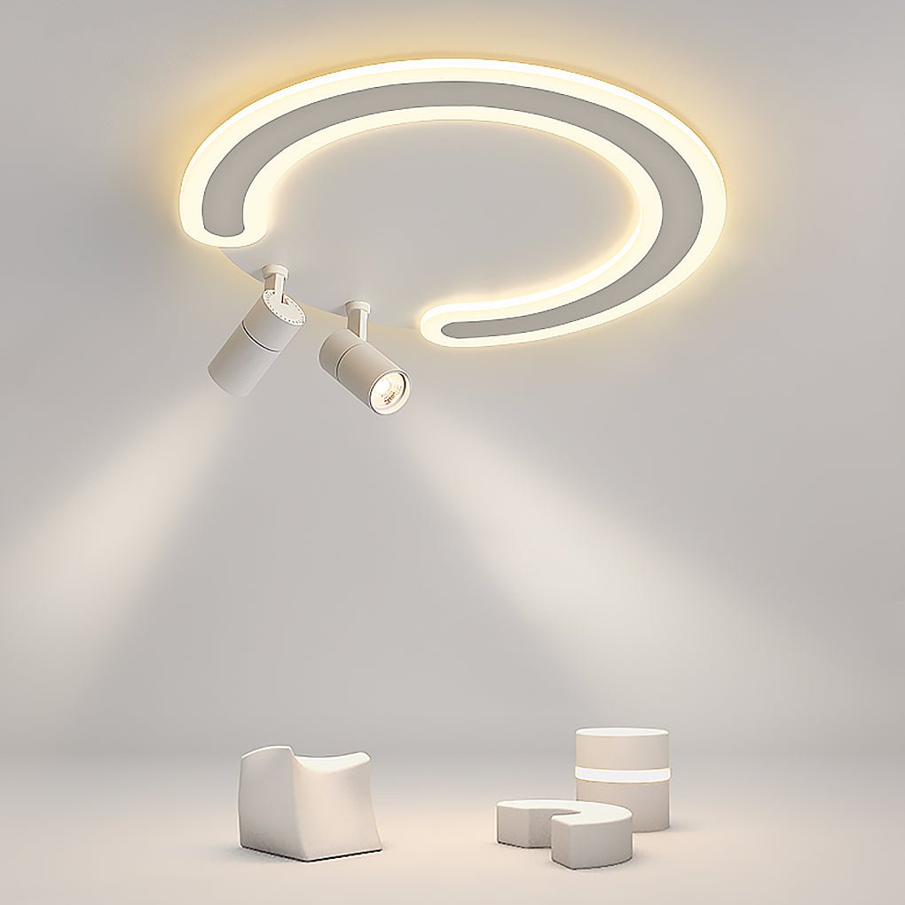 Modern White Arc Flush Mount Ceiling Light with Adjustable Spotlight for Study and Bedroom