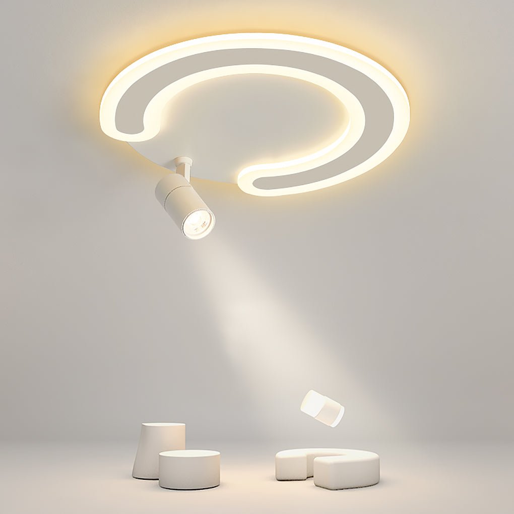 Modern White Arc Flush Mount Ceiling Light with Adjustable Spotlight for Study and Bedroom
