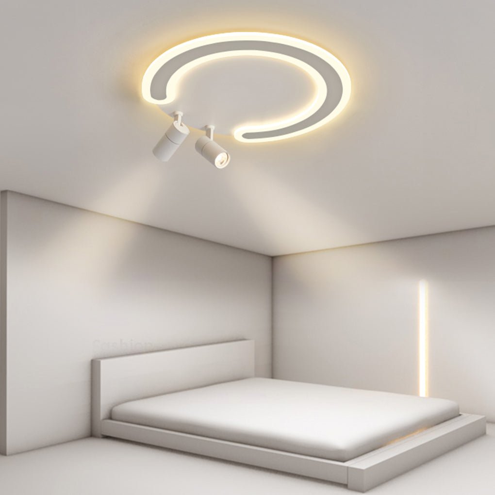 Modern White Arc Flush Mount Ceiling Light with Adjustable Spotlight for Study and Bedroom