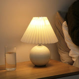 Modern White Ceramic Table Lamp with Pleated Fabric Shade for Bedroom and Living Room
