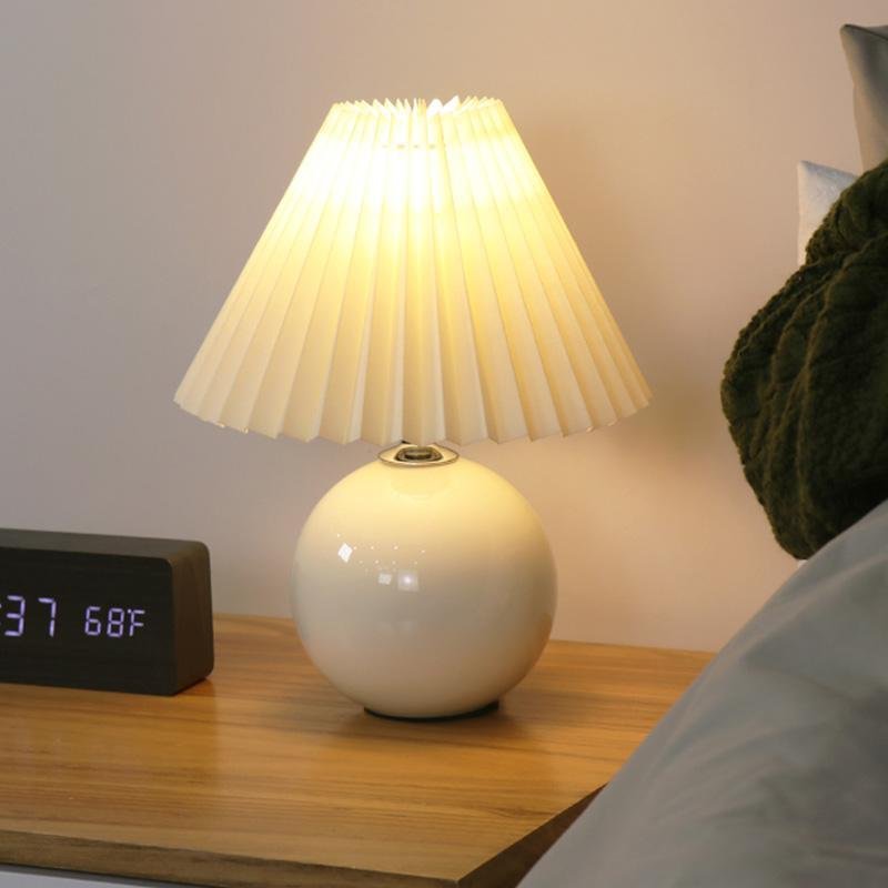 Modern White Ceramic Table Lamp with Pleated Fabric Shade for Bedroom and Living Room
