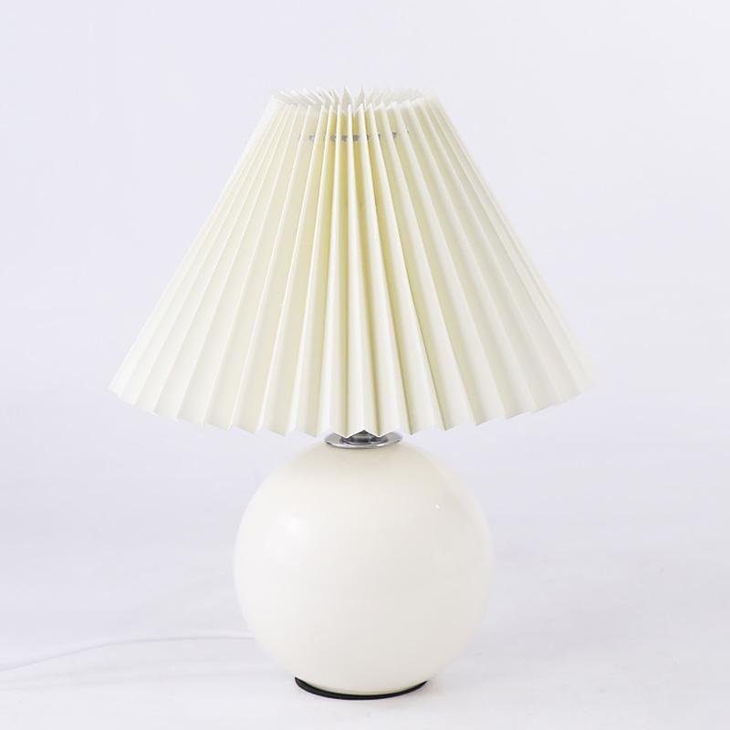 Modern White Ceramic Table Lamp with Pleated Fabric Shade for Bedroom and Living Room