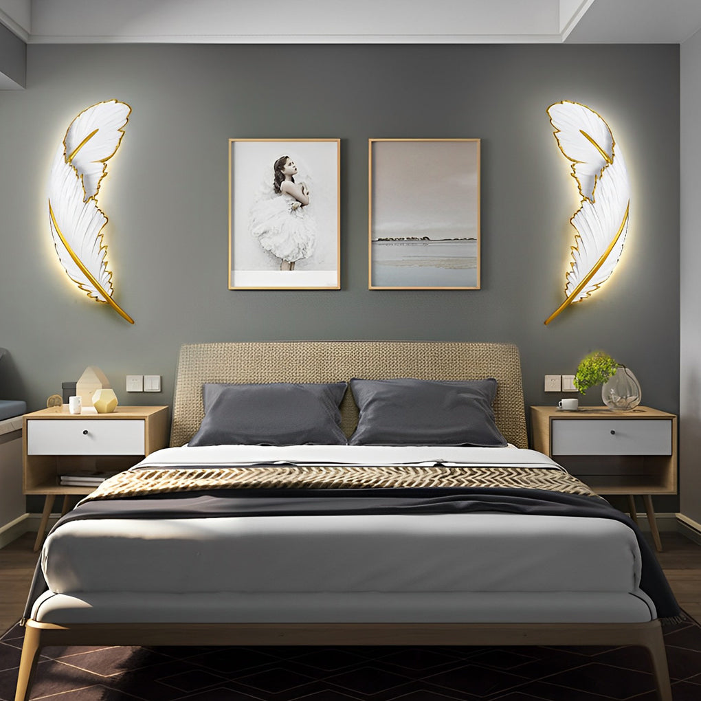 Modern White Feather Resin LED Wall Sconce Dimmable Art Decor Lighting for Living Room