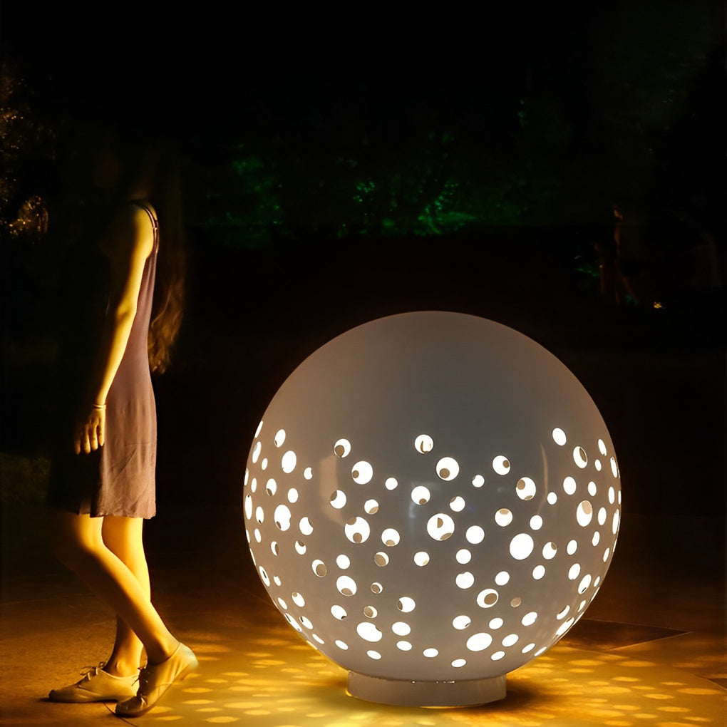 Modern White Hollow Sphere Outdoor Garden Light Waterproof Metal Round Lawn Lantern