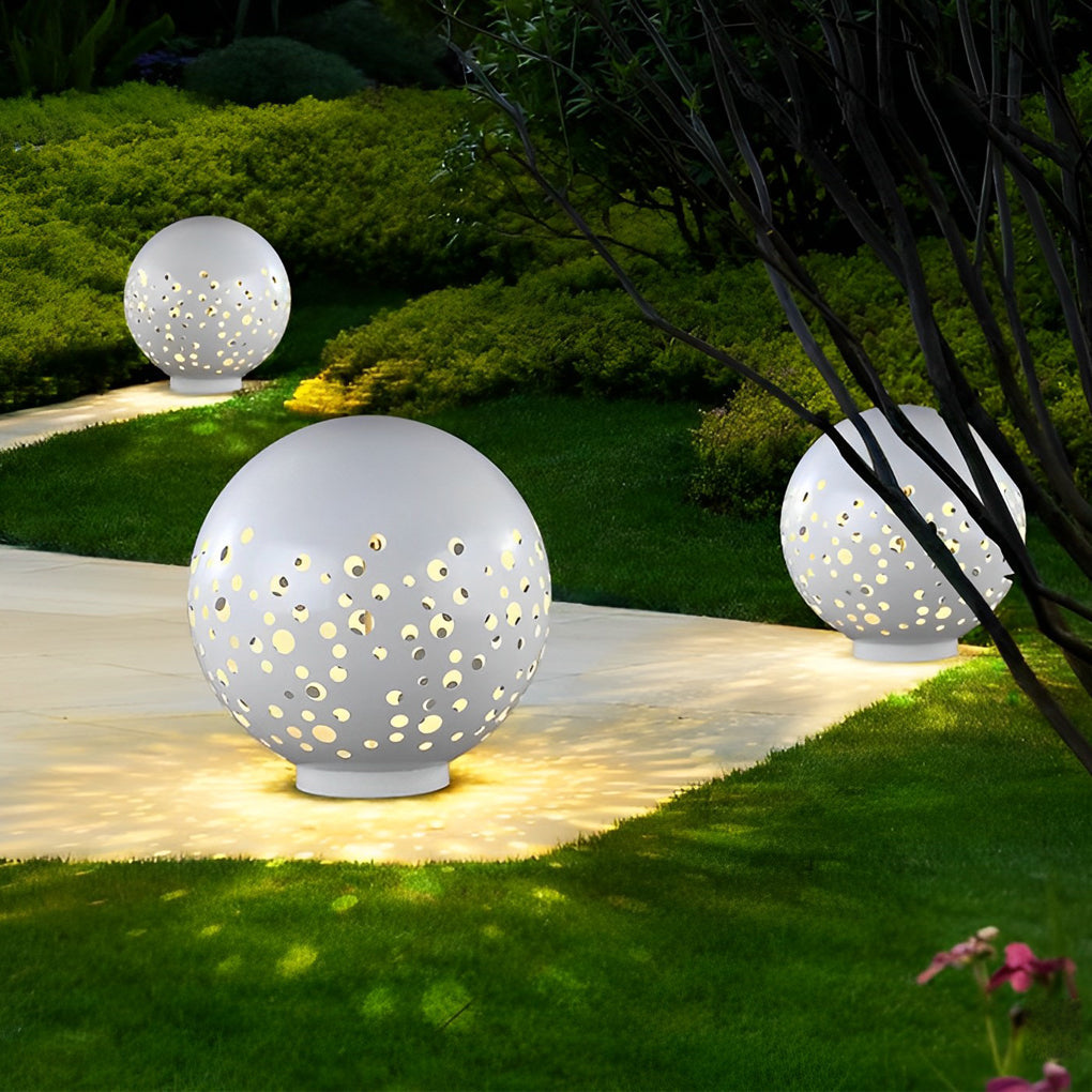 Modern White Hollow Sphere Outdoor Garden Light Waterproof Metal Round Lawn Lantern