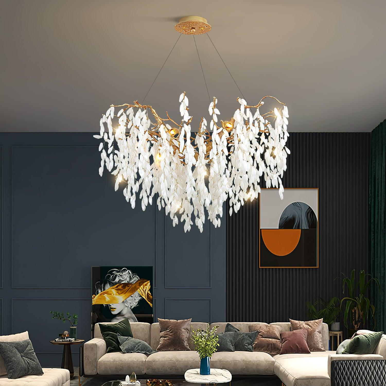 Modern White Jade Leaf Branch Brass Chandelier Luxury Hanging Pendant Light