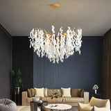 Modern White Jade Leaf Branch Brass Chandelier Luxury Hanging Pendant Light