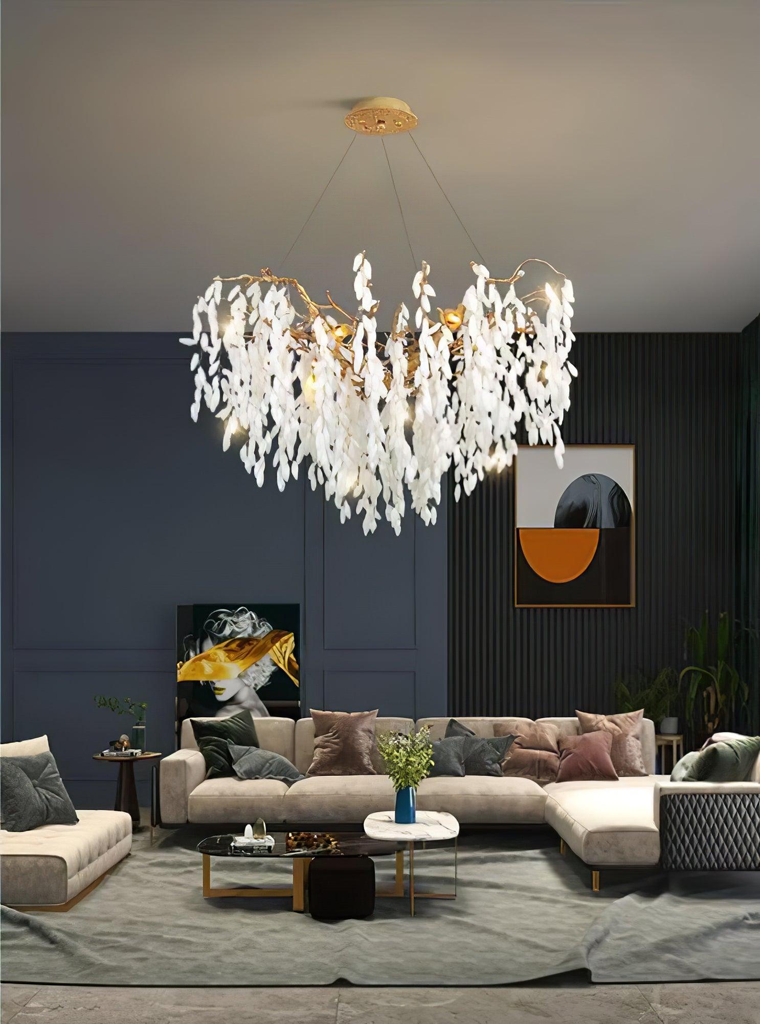 Modern White Jade Leaf Branch Brass Chandelier Luxury Hanging Pendant Light