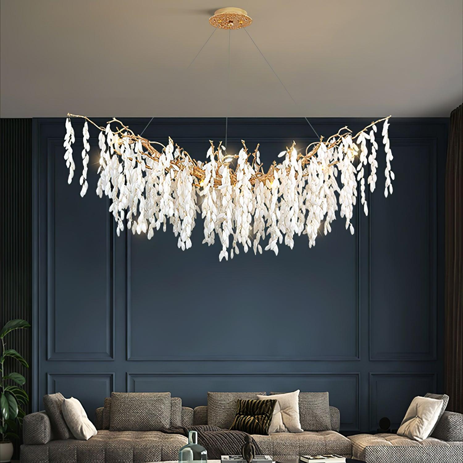 Modern White Jade Leaf Branch Brass Chandelier Luxury Hanging Pendant Light